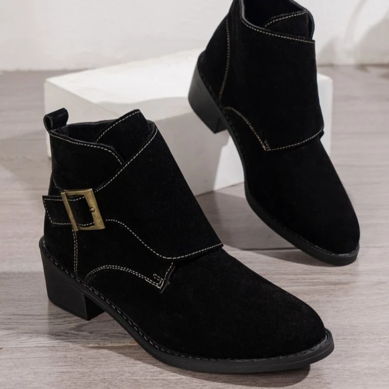 New Winter Classic Chelsea Boots for Woman Cow Suede Pointy Toe Wedge Heel Ankle Boots Simple Comfortable Cowboy Boots Female