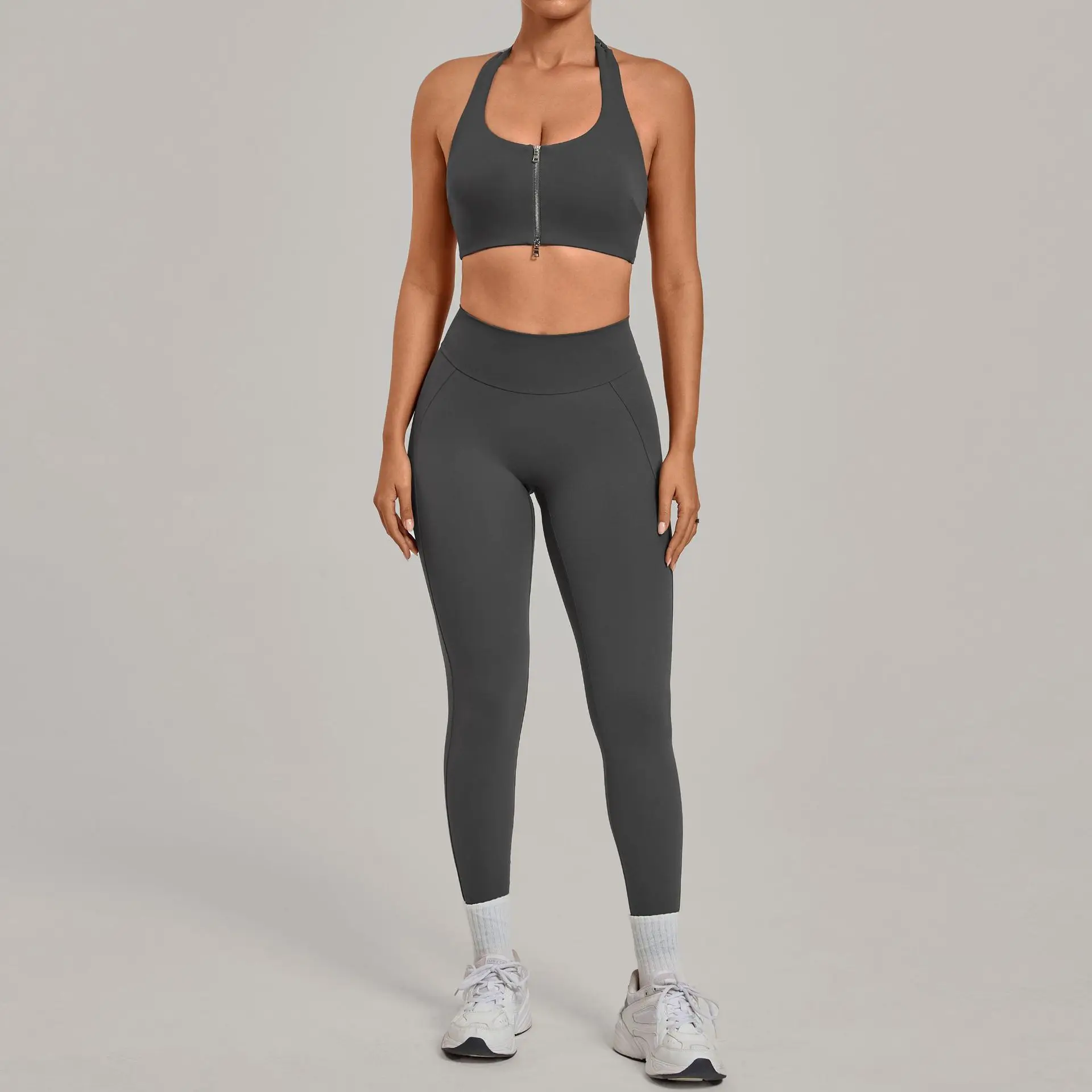 Naked Feel Yoga Outfits Women 2 Piece Halter Zip Sports Bra High Elastic Scrunch Butt Leggings Gym Training Jogging Tracksuit