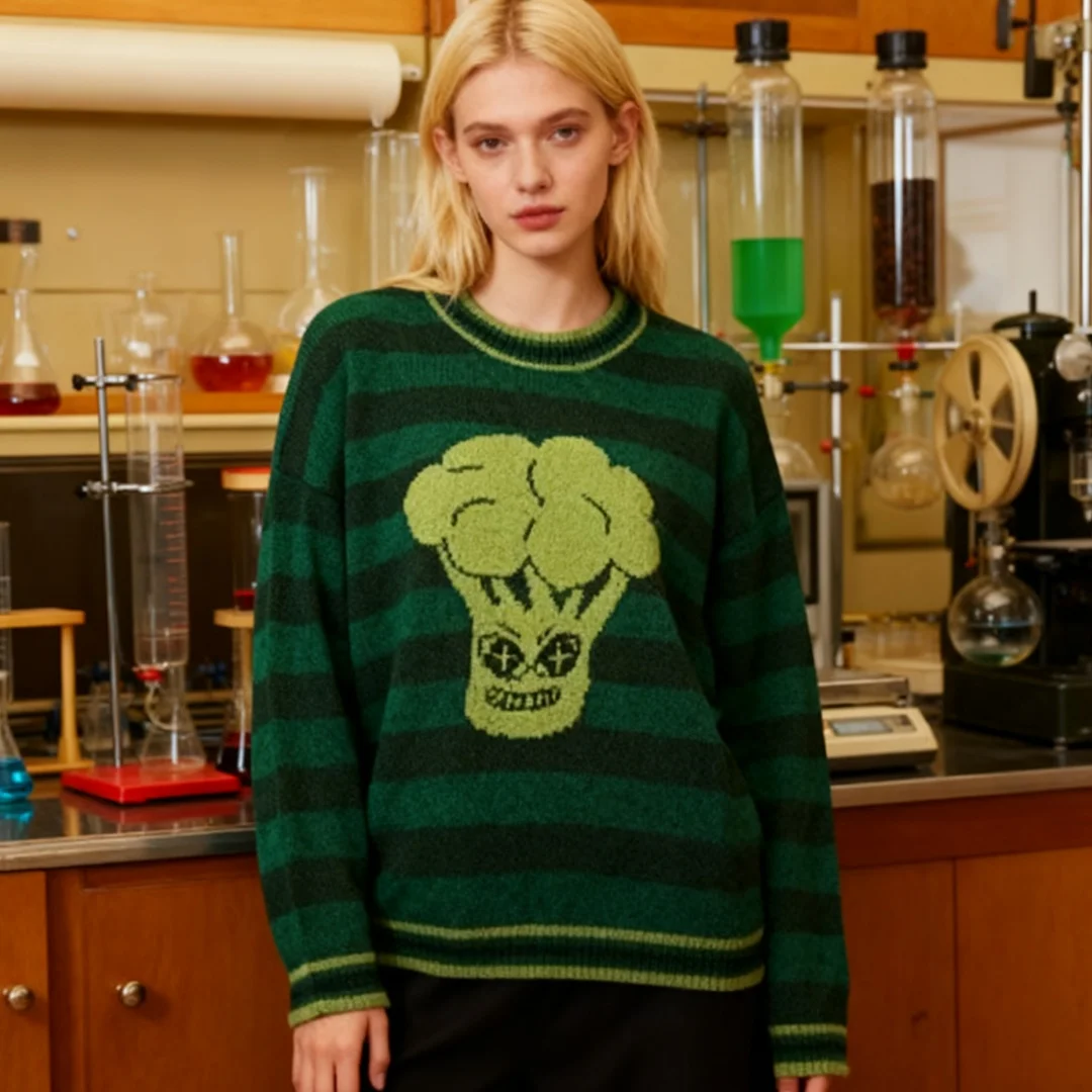 

Зеленый вязаный свитер с героями мультфильмов в стиле ретро, модный женский осенний топ с круглым вырезом и длинными рукавами, инновационный стиль, трикотажная мода