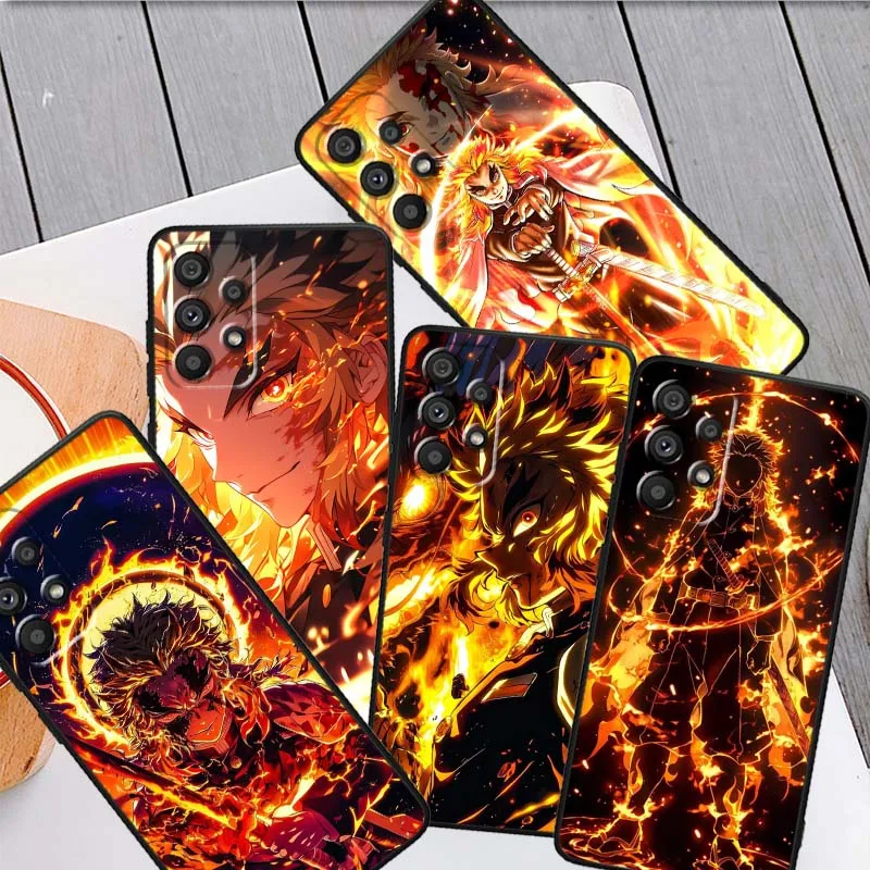 Аниме Demon Slayer Rengoku Kyojuro для Samsung Galaxy A73 A72 A55 A54 A53 A52 A35 A34 A33 A32 A15 A14 5G Черный чехол для телефона