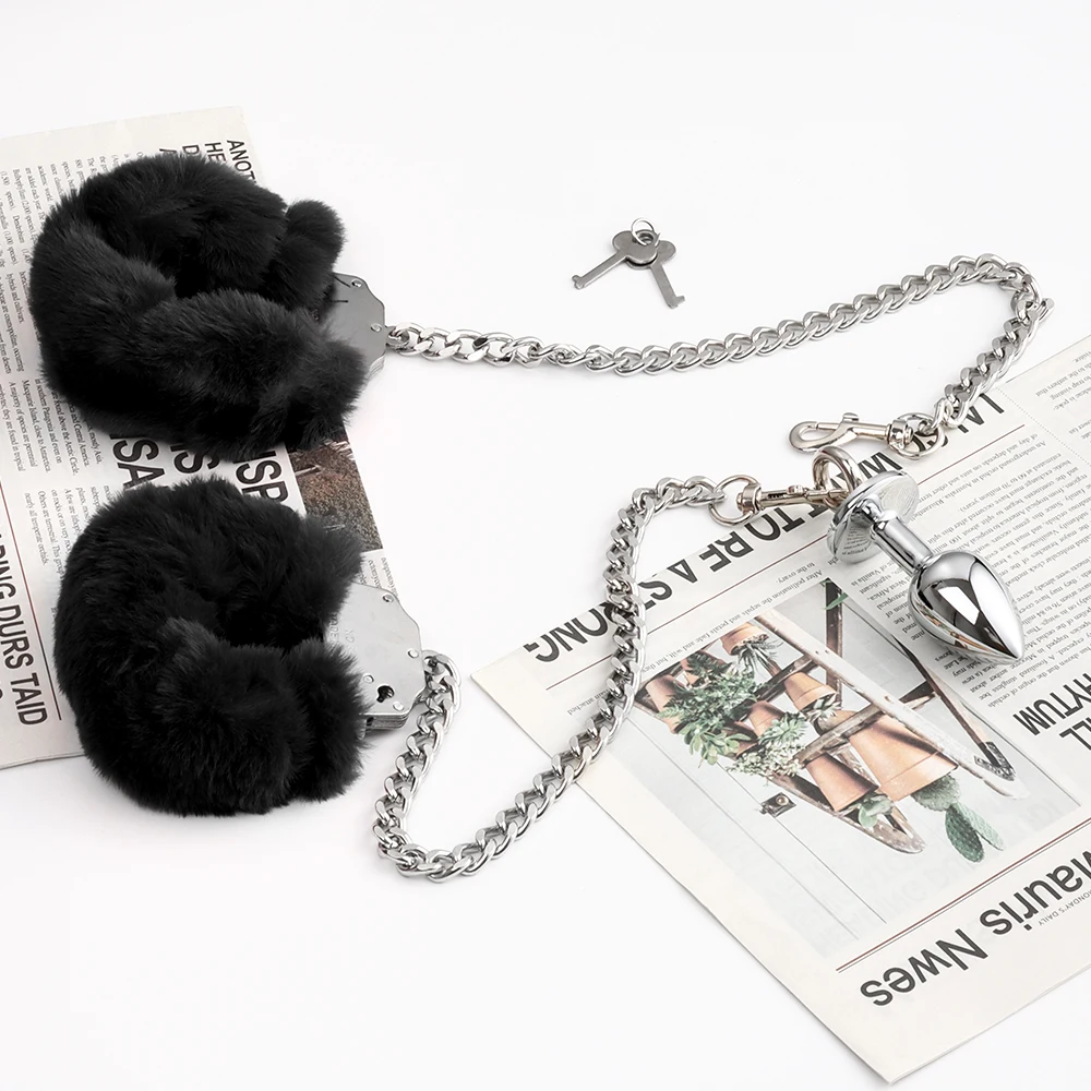 Metal Butt Plug&Furry Cuffs Sex Bondage BDSM Metal Handcuffs with Anal Toys for Adult Sex Play Restraint Set for Women Cosplay