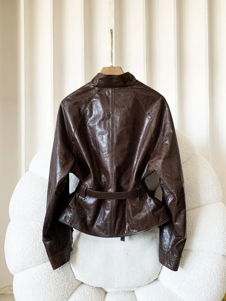 Leisure Ladies Single-Breasted Genuine Leather Jackets Handmade Solid Color Stand Collar Long Sleeves Sashes Sheepskin Outwear