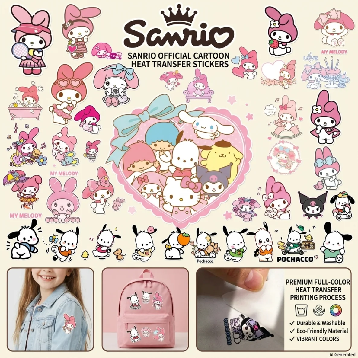 Sanrio Cartoon Heat Transfer Stickers, Washable and Fade-Resistant DIY Decals, Suitable for Home Ironing and Fabric Decoration.