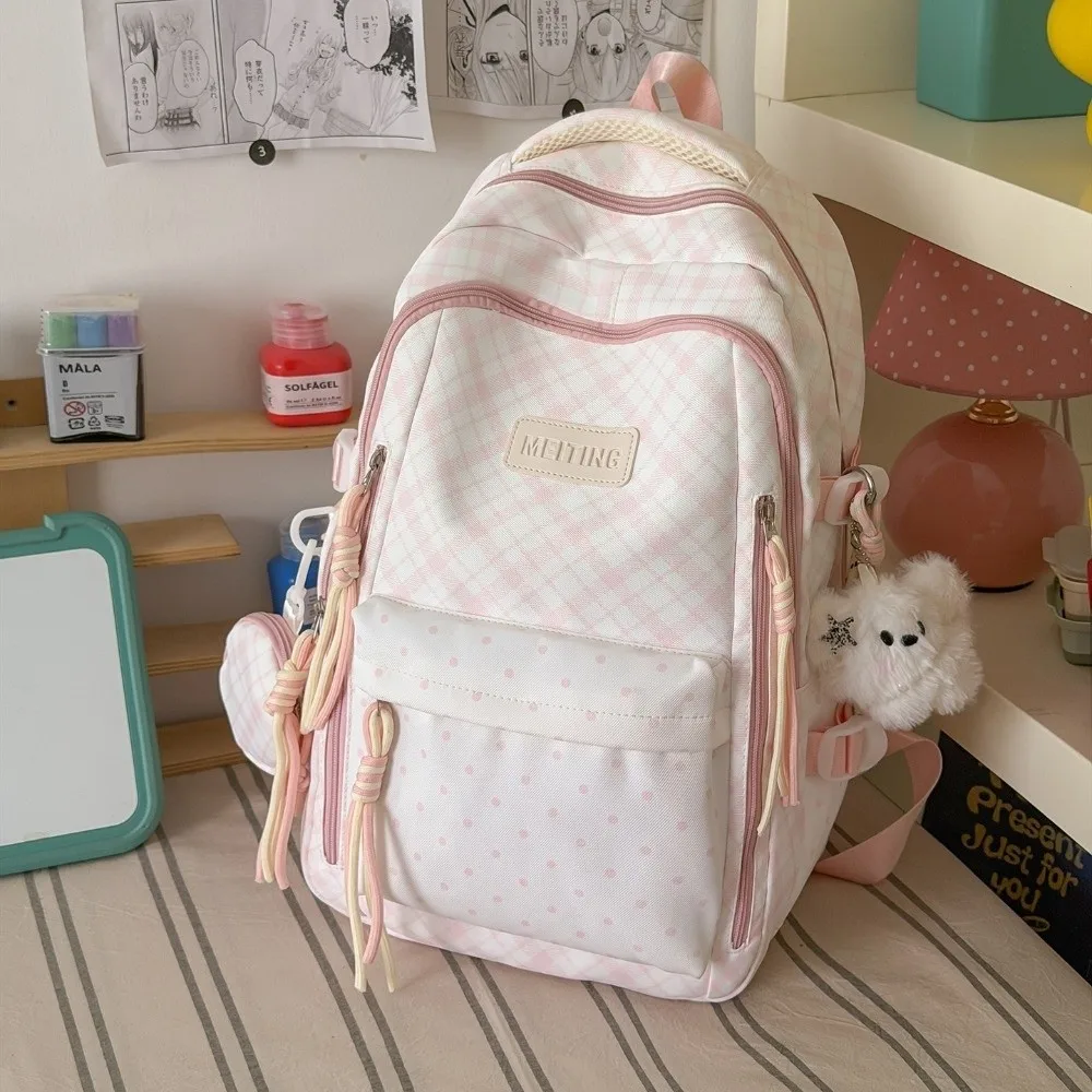Large Capacity Plaid Backpacks Lightweight Water-resistant Checkered Travel Daypack Multi-pocket Nylon Students Schoolbag