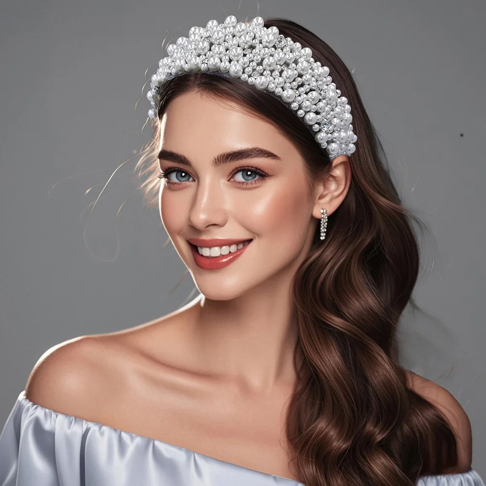 Fashion Bridal Pearl Headband Handmade Rhinestone Headdress Wedding Hair Accessories Women Jewelry Headdress Bridesmaid Gift