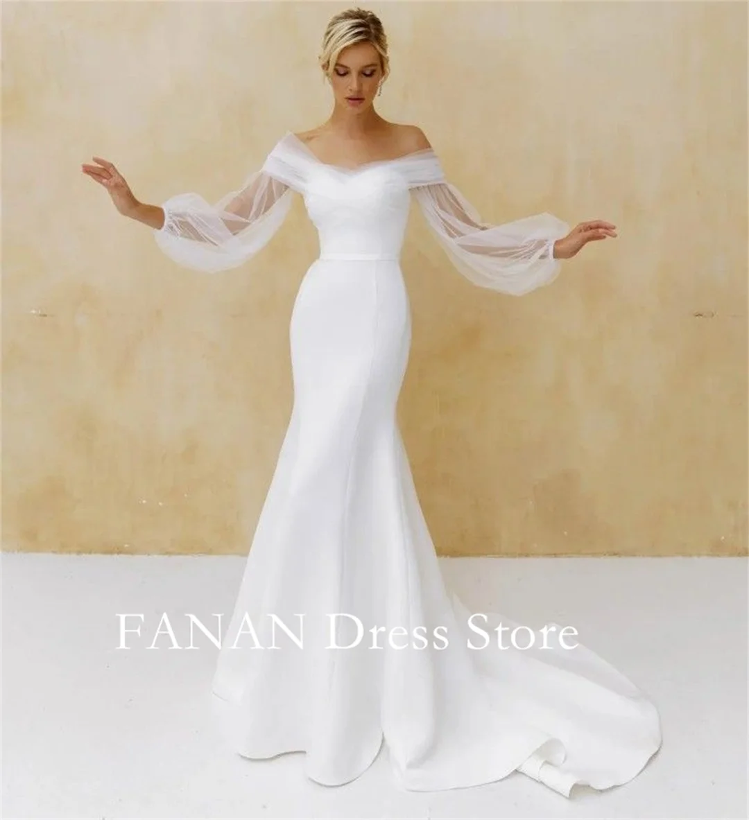 Fanan Diamond White Mermaid Crepe  Puff Sleeves Customized Puff Sleeves Wedding Gown Elegant Wedding Dresses without Sleeves