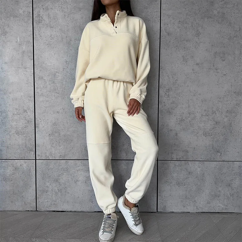 High Neck Fleece Sweatshirts Outwears Clothes Women Pullovers Ladies Outfits Winter Clothing Long Sleeve Top 2 Piece Pants Set