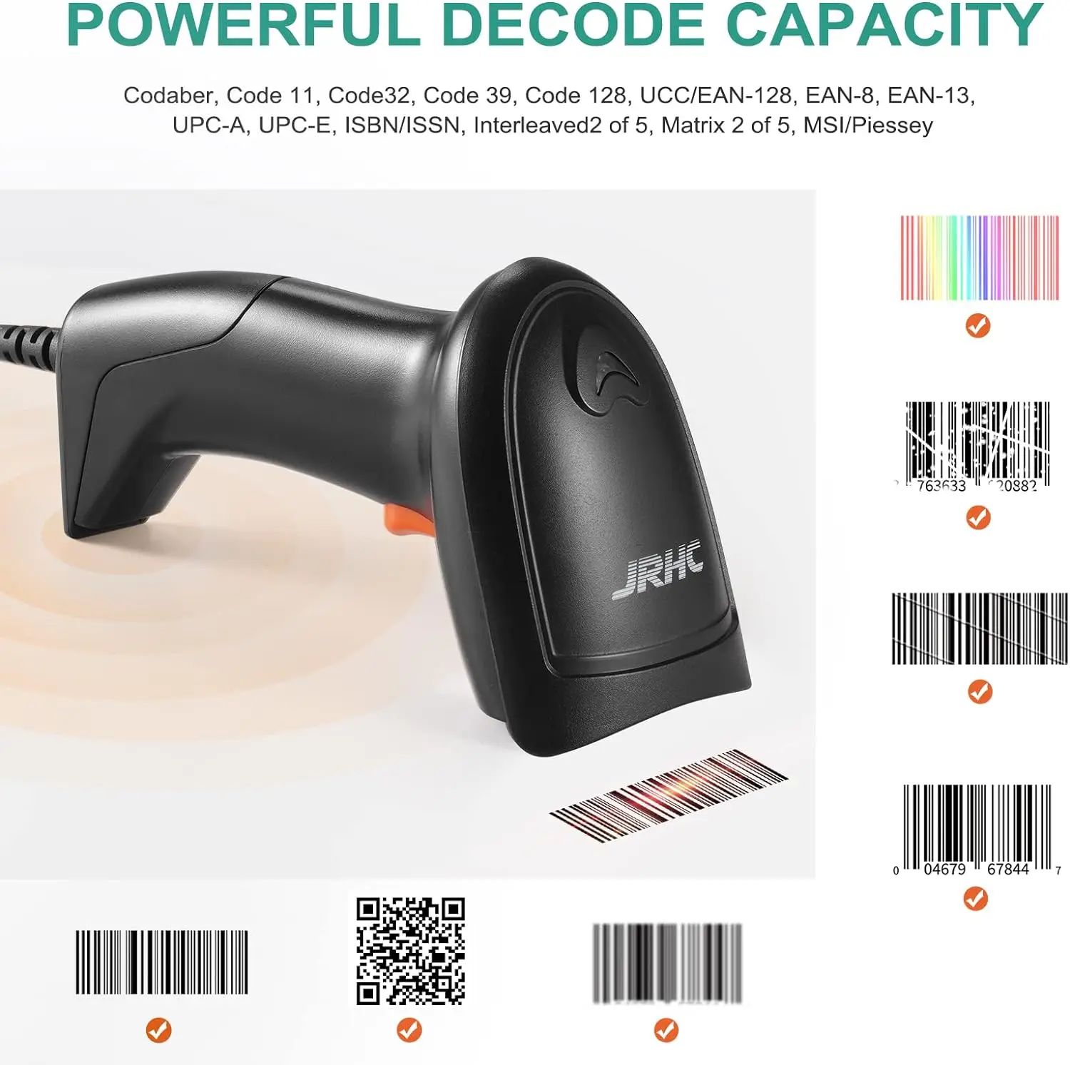 JRHC Handheld Barcode Scanner, 1D USB Laser, Leitores de Código de Barras, Ferramentas de Digitalização, Dispositivos para Loja, Supermercado, Biblioteca, Armazém