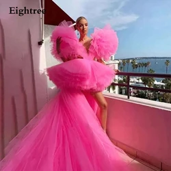 Eightree Fashion Hot Pink High Low Tulle Prom Gowns Lush Tulle Sleeves Sexy Long Tulle Women Dresses To Red Carpet Tulle Robe