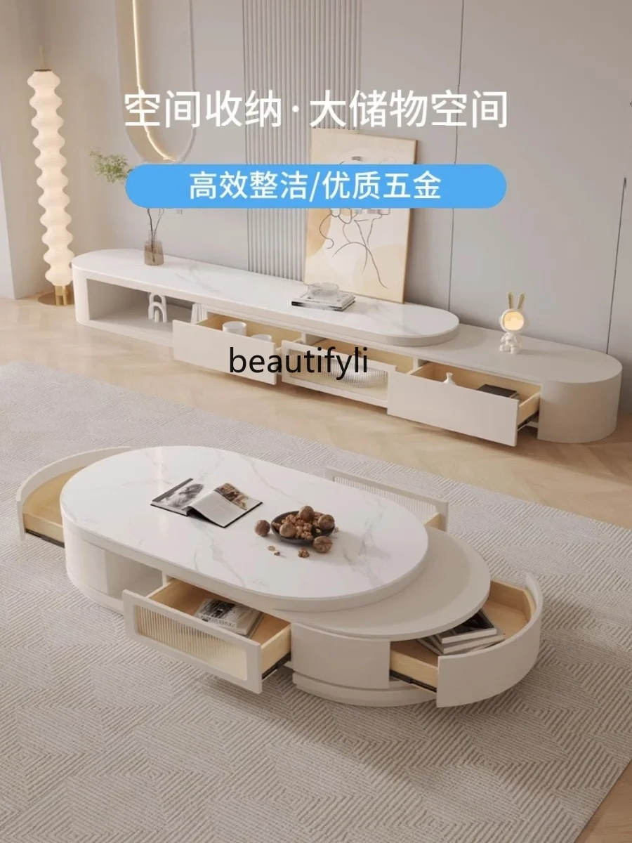 Modern Simple Retractable Stone Plate Coffee Table TV Cabinet Combination Living Room Home Cream Style Oval Tea Table