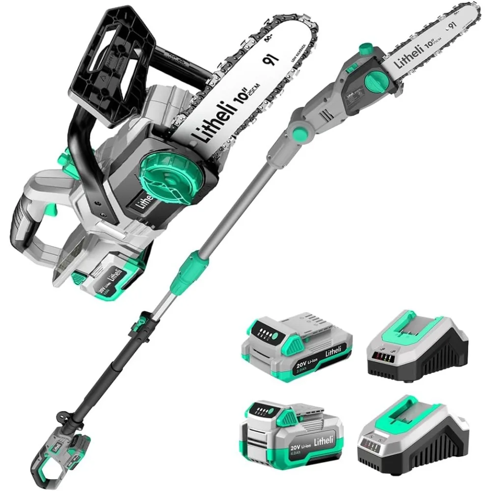 

Cordless Pole Saw & Chainsaw 10-Inch, Battery Powered 20V 2.0Ah Pole Saws & 20V 4.0Ah Chainsaw for Branch, Cutting, Trim