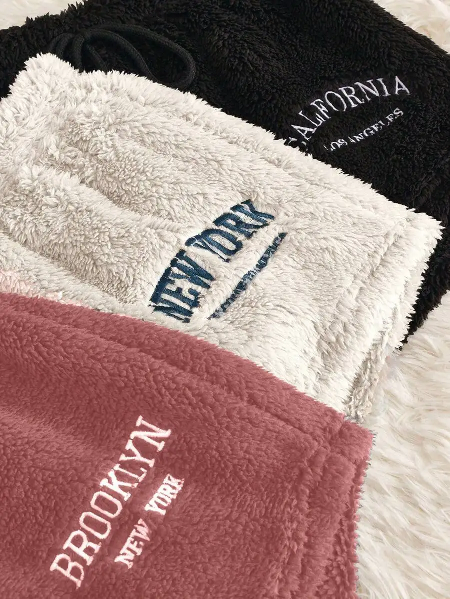 

3pcs Cozy Fleece Sleep Shorts With City Name Embroidery Fall Winter Homewear