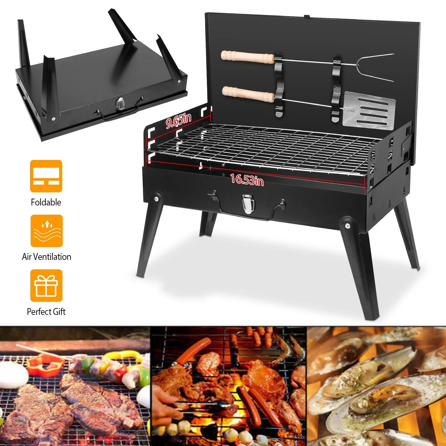 

16.7x10x17.7in Portable Charcoal Grill Foldable BBQ Suitcase Grill Shelf For Outdoor Camping Picnics Garden Grilling