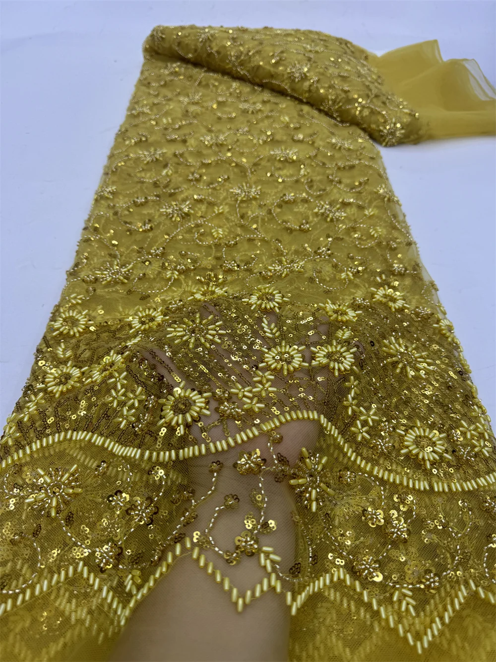 

Gold African Tulle Beaded Lace Fabric 2024 French Net Sequins Fabric Sewing Embroidery Mesh Groom Fabric Nigerian Dress 5 Yards