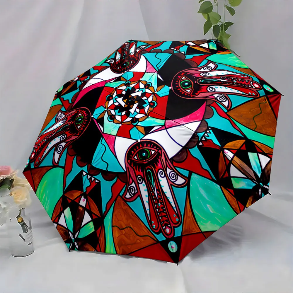 1PC Colorful Umbrella with Abstract Hand and Eye Designs Print 8 Iron Ribs Folding Umbrella Auto-Open Fashion Sunshade