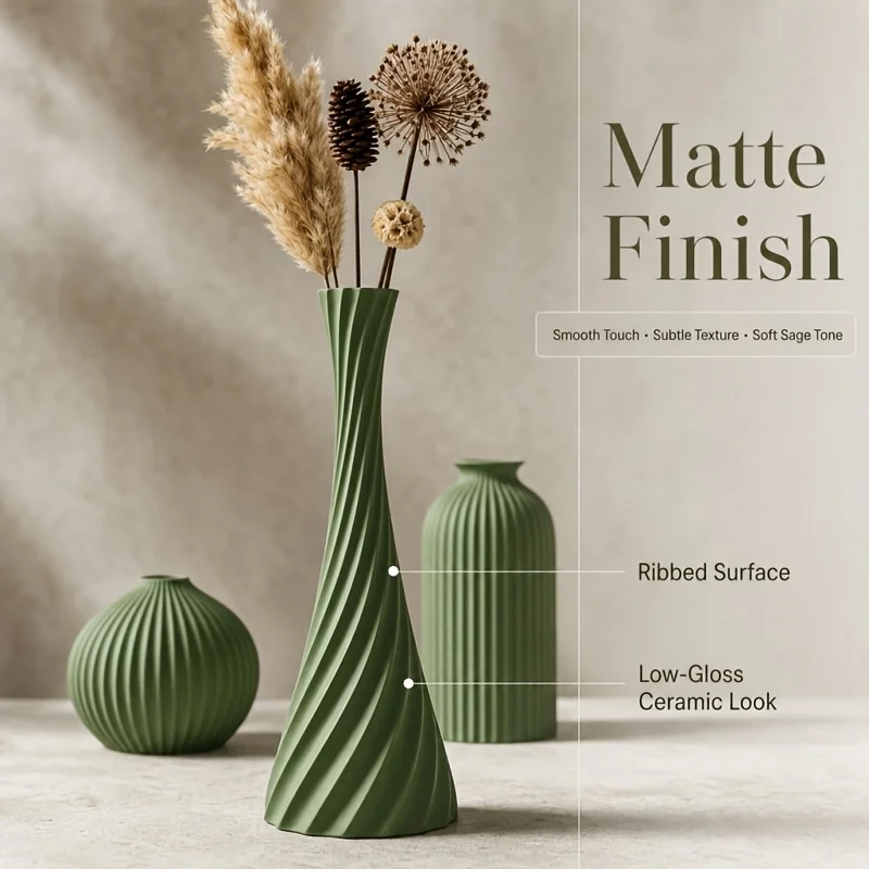 3Pack Dried Floral Vase Trio Matte Sage Green Twisted Fluted Vase Minimalist Nordic Decor For Living Room Shelf Dry Stems Preser