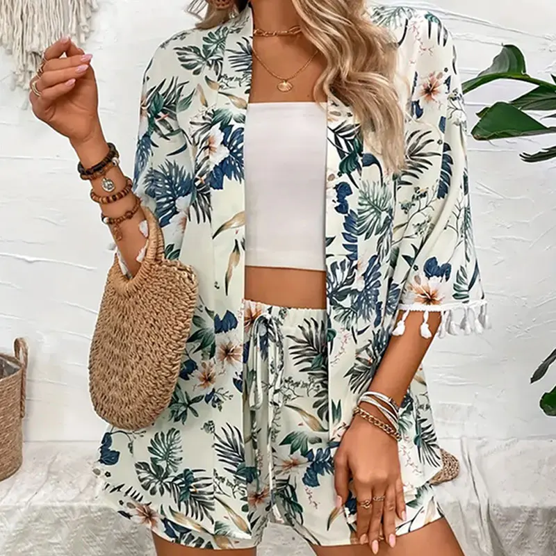 Two Piece Set For Women Outfits Open-front Cardigan Smock Flower Printed Beach Shorts Summer Suits Female Clothing Beachwear