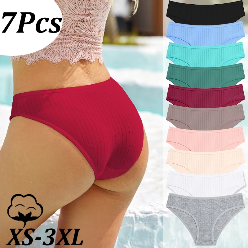 FINETOO 7PCS Baumwolle Höschen Frauen Streifen Höschen Sexy Dessous Weibliche Dessous Niedrige Taille Slips Unterhose Intime Plus Größe