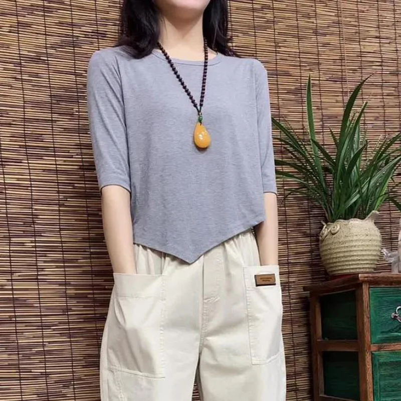 Fashion O-Neck Solid Color Asymmetrical Blouse Women\'s Clothing 2023 Summer New Oversized Casual Pullovers Loose Korean Shirt