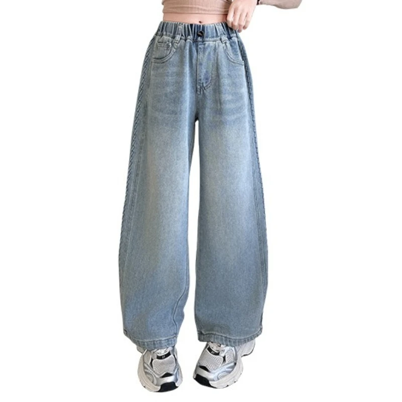 

2026 Girls‘ Straight Denim Jeans for Autumn, Loose Wide Leg Pants for Big Kids, Casual Breathable Bottoms New Arrival