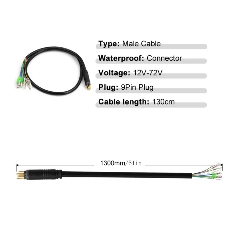 Cable de extensión macho de 9 pines y 130 cm para motor de buje de bicicleta eléctrica, línea de conversión impermeable para acc