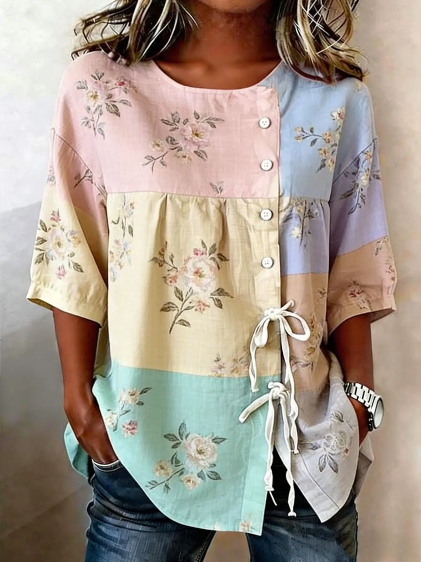 Women's Bohemian Patchwork Print Drawstring Button Up Blouse, Casual Round Neck Tops for Spring Summer Daily Vacation Wear