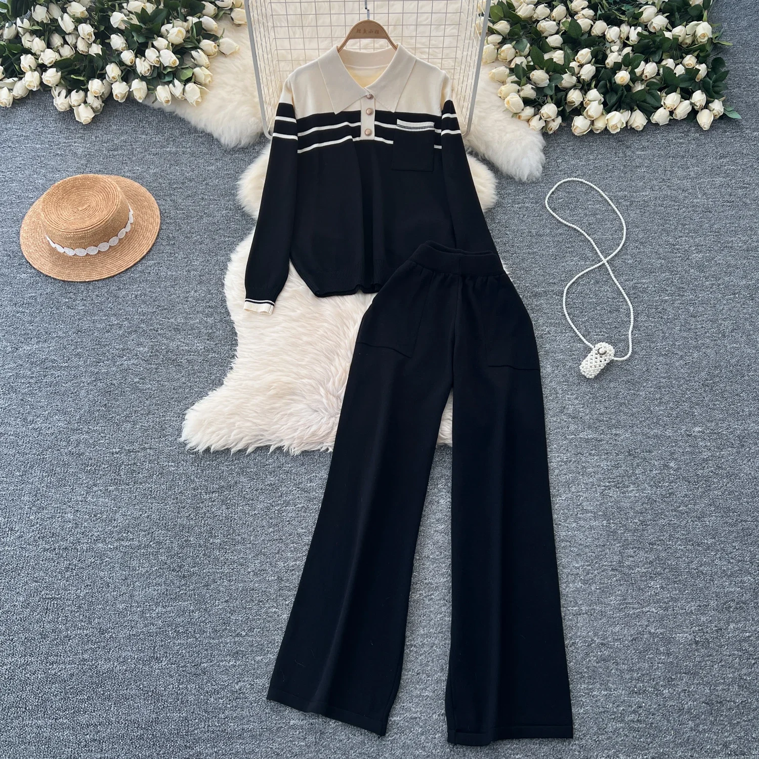 Chic Women Two-Piece Sets Vintage Turn-down Collar Parchwork Knit Top High Waist Wide Leg Pants Fashion Autumn Winter Clothing