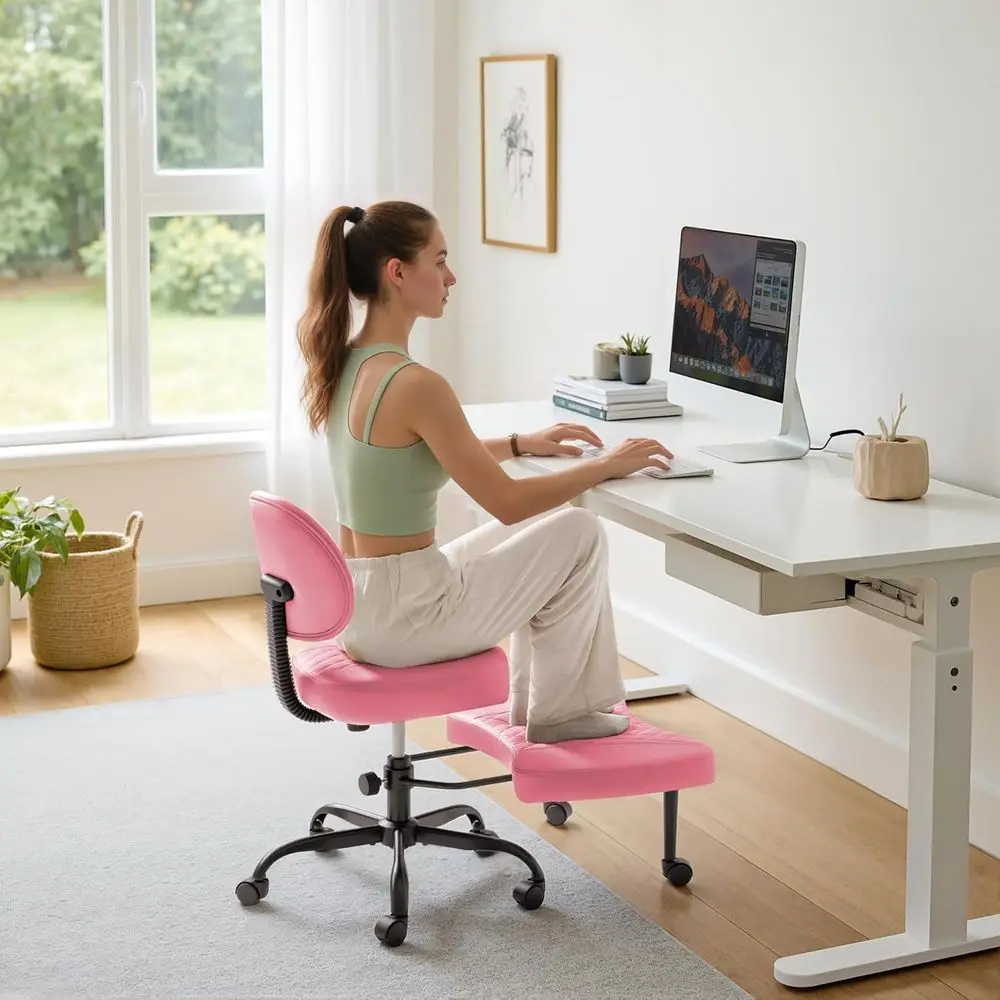 Padded Swivel Kneeling Chair with Footrest, Ergonomic Desk Chair for Office, Yoga, and Meditation in Leather Pink