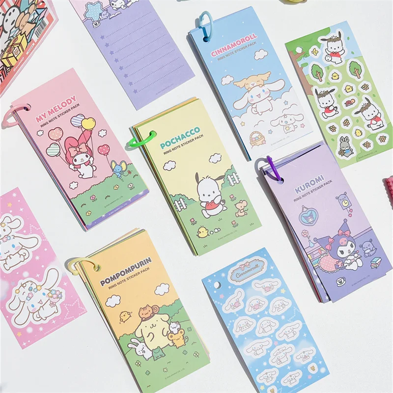 Sanrio Memo Book Stickers Hello Kitty Kuromi Cartoon Hand Account Diy Goo Card Combination Ring Buckle Sticker Kids Toys