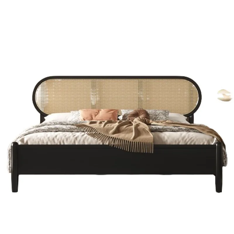 Retro rattan solid wood bed, double bed 1.5m bed and breakfast furniture