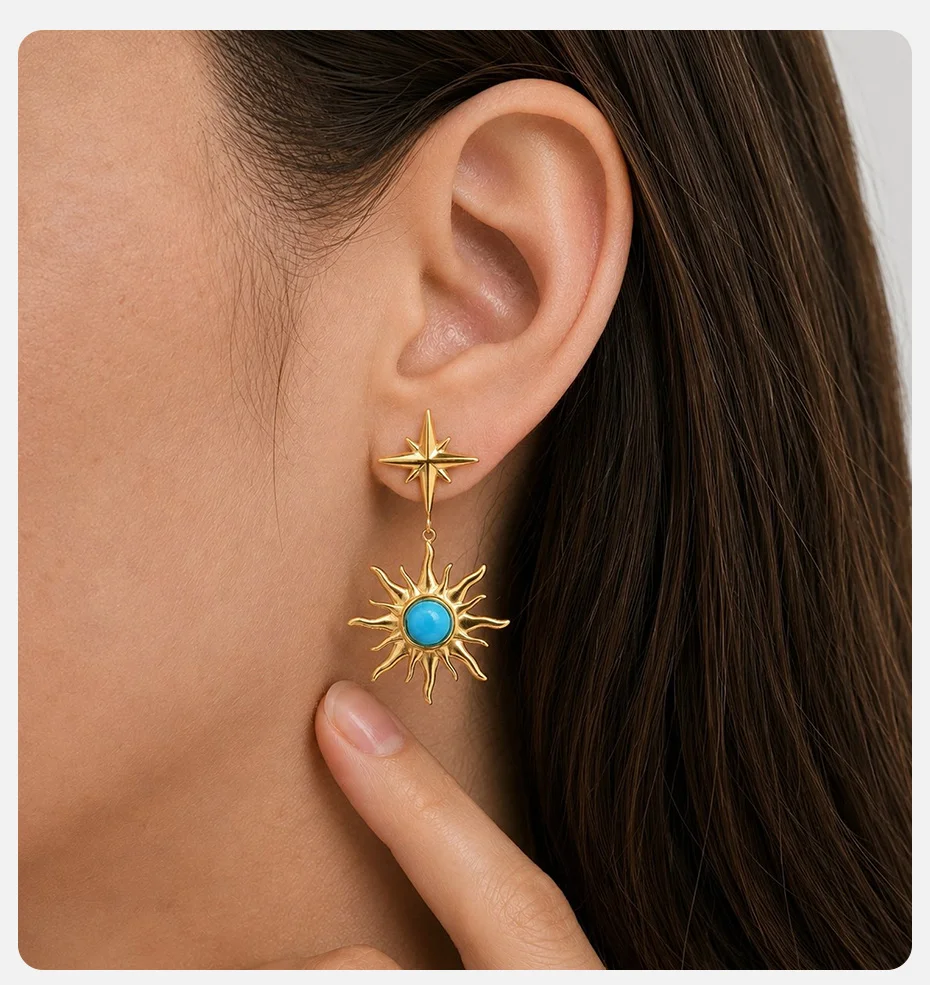 Vonx Sun Türkisfarbene Hängeohrringe für Damen, Edelstahl 18K vergoldet, lange Ketten-Quasten-Ohrringe, Boho-Strandschmuck – Detail 2