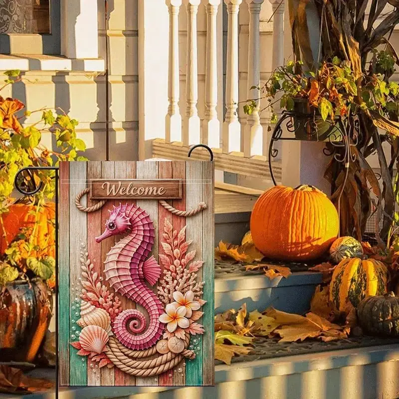 Coastal Seahorse Garden Flag, Welcome Outdoor Garden Flag, Beach Seahorse with Seashell Coral Tropical Flower Nautical Desig yyi