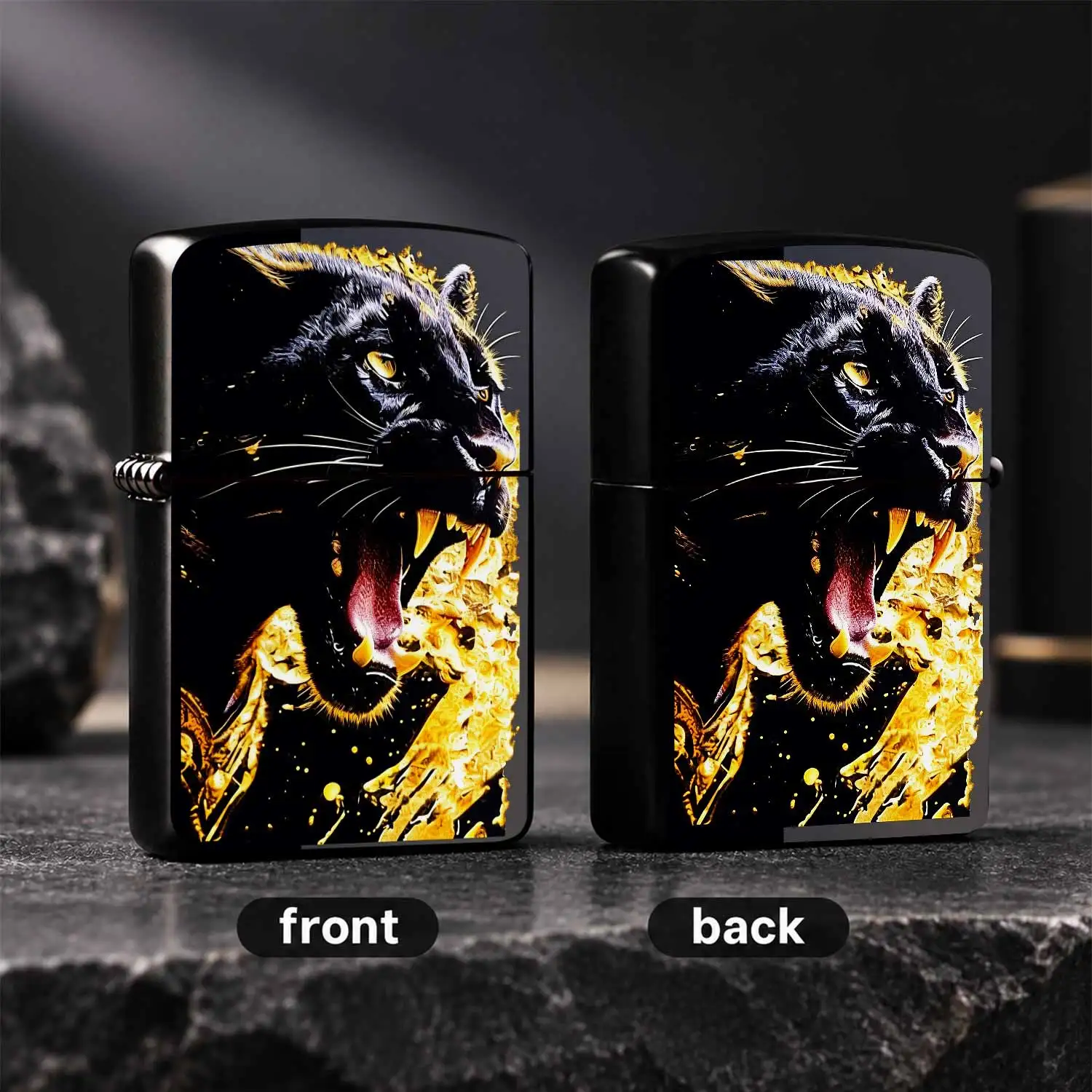 Vibrant Black Panther Pattern Lighter, Stylish Golden Ferocious Feline Print Design, Portable Long Lasting Multi Functional Lighter for Outdoor Camping, Candle Lighting, Home Daily Use, Ideal Practical Gift for Family an A Humorous And Inte