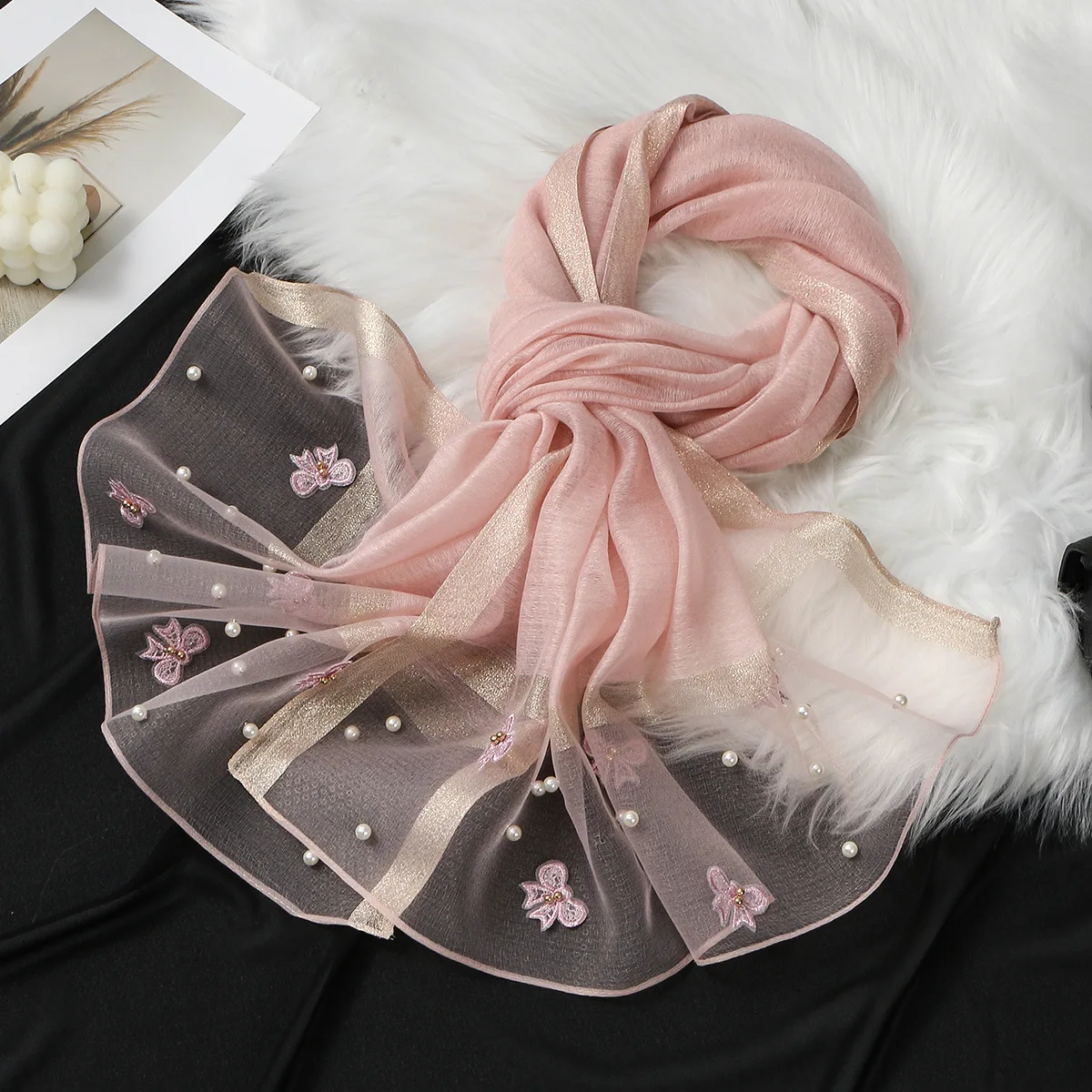 

Organza Lace Headscarf Women Sun Protection Shawl Travel Beach Long Scarf Beaded Scarves Wrap Bandanas Headband Bufanda 190*70cm