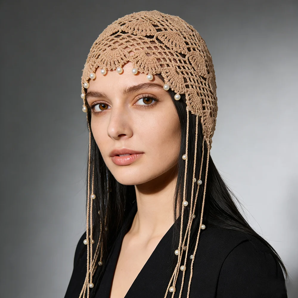 

Handmade Hollow Crochet Hats for Women Knitted Beanies Cap Ethnic Tie Pullover Hat Autumn Winter Breathable Crochet Caps