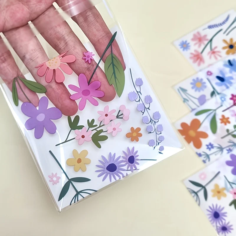 100 Stück Geschenktüten mit Blumen- und Blattmuster, Wildblumenmuster, Festival- und Partyverpackung, universell für Frühling/Sommer