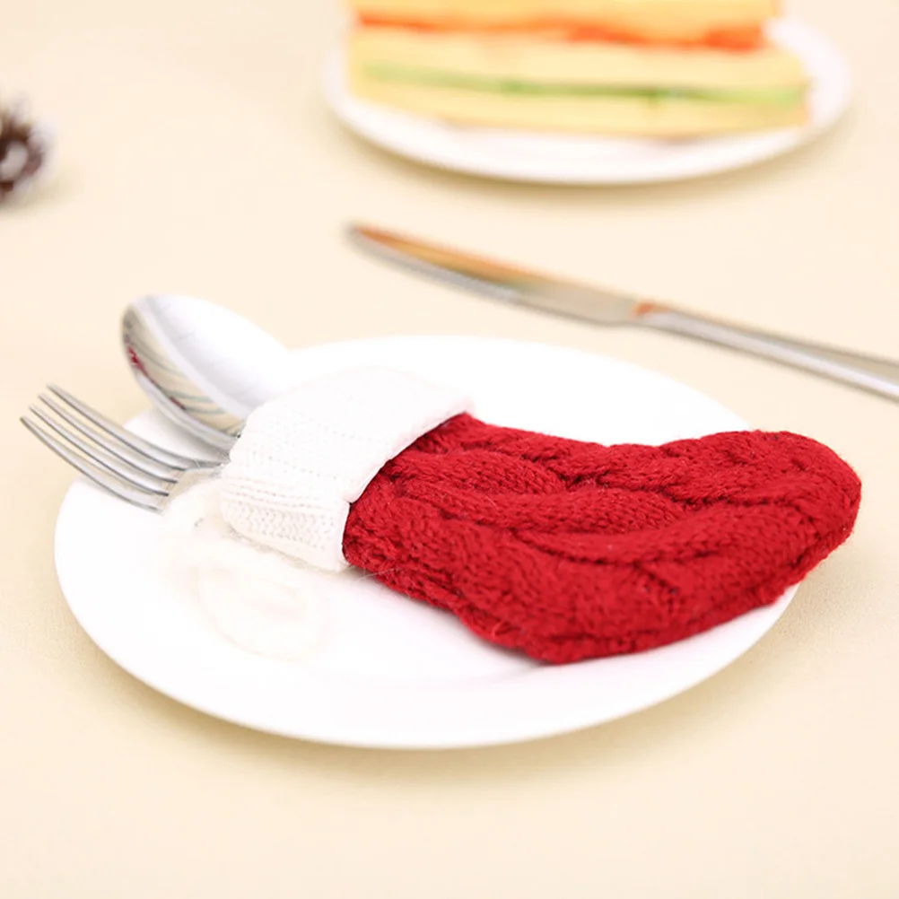 

6Pcs Knitted Christmas Stocking Cutlery Covers Red Xmas Tableware Holders Party Supply Festive Dinner Decor Cutlery Cover