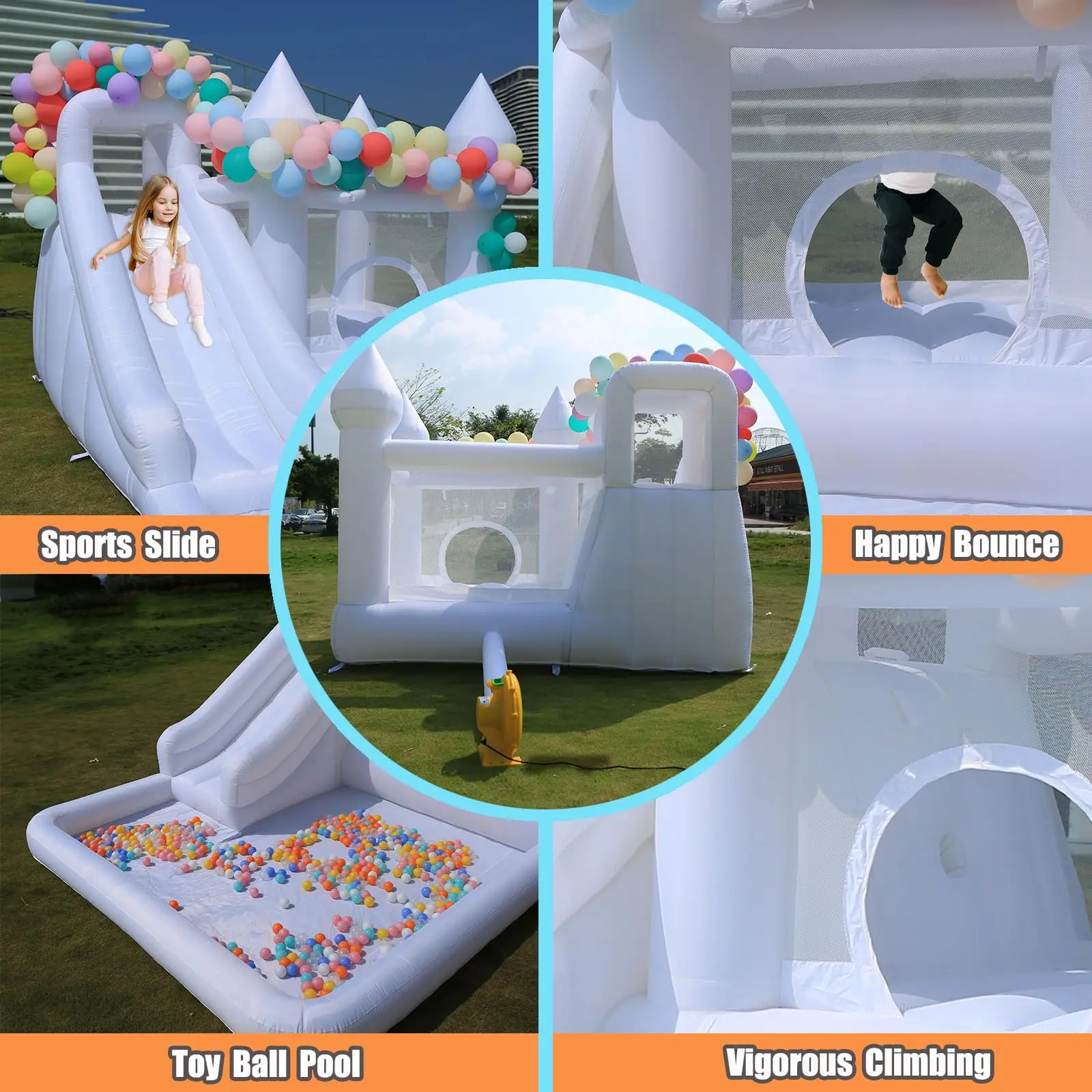 Inflatable White Bounce House Castle with Hair Dryer, Castle Commercial Grade Wedding Bouncer for Kids 3-15 Years Old