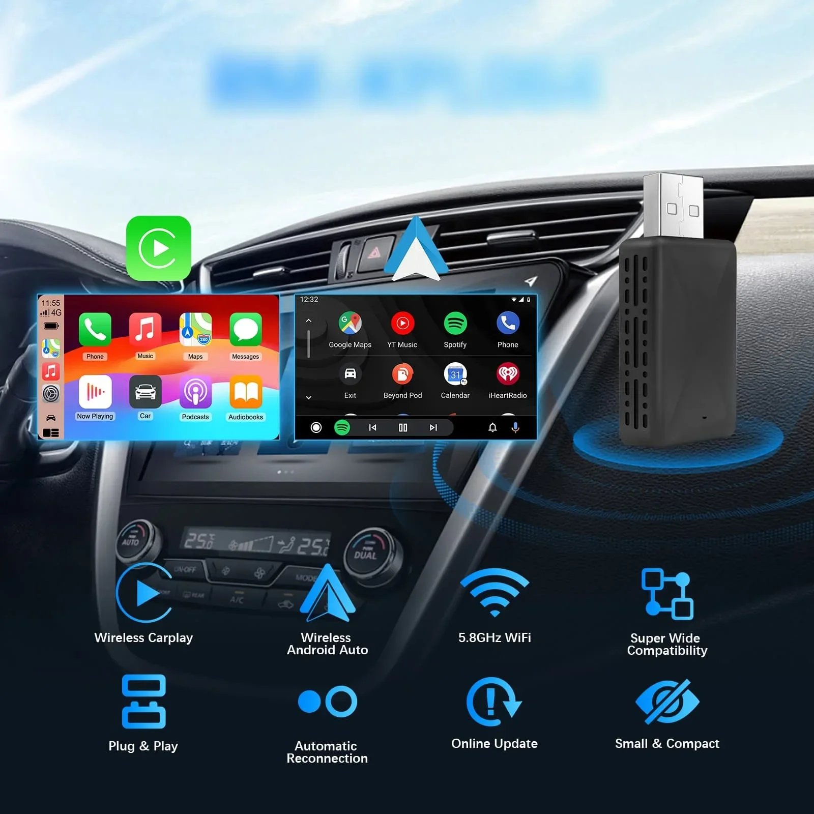 2025 New Wireless CarPlay & Android Auto Adapter, Low Latency, 5.8GHz, Plug & Play, Requires Wired Car Support, Auto Connect