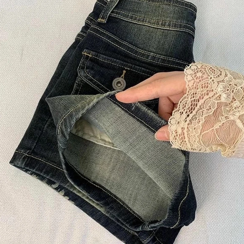 Denim Shorts Vintage Distressed For Women Summer New Mid Low Rise Straight Slim Fit Tummy Control Versatile A Line Hot Pants