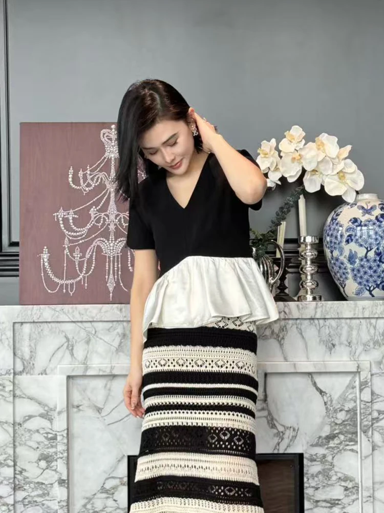 

Классический цветной ацетатный топ-блузка с V-образным вырезом и юбка для женщин, весна-лето, новинка, коллекция Taylor Art Exhibition, свободный крой для повседневной носки