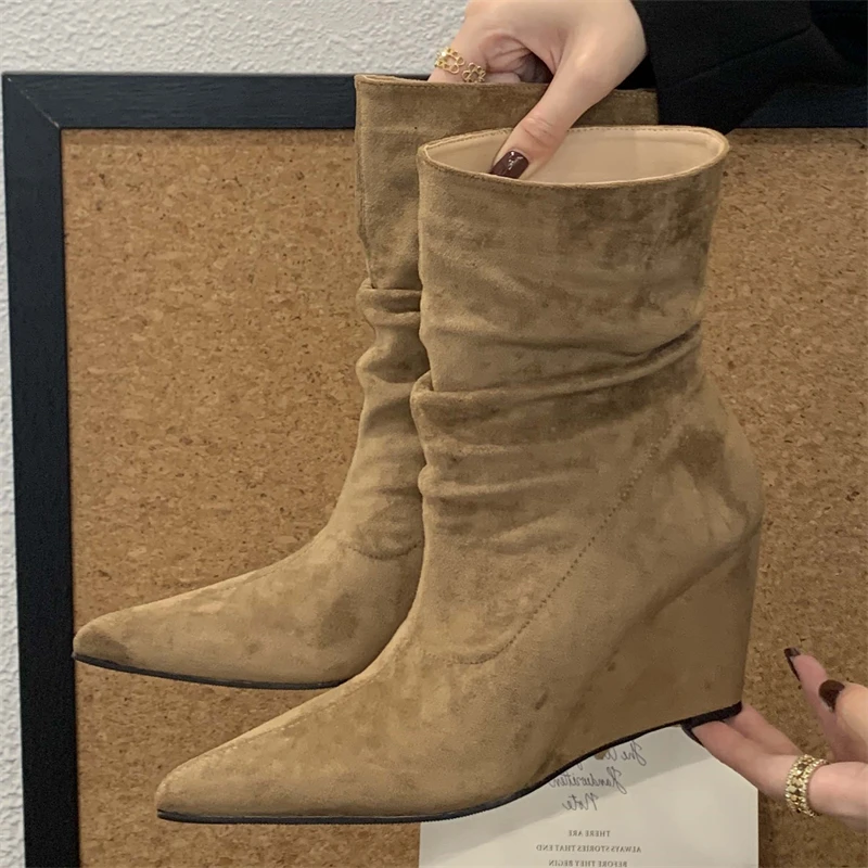 

Eilyken Designer Pleated Wedges High Heels Women Ankle Boots Shoes Spring Autumn Modern Short Botas Para Mujer