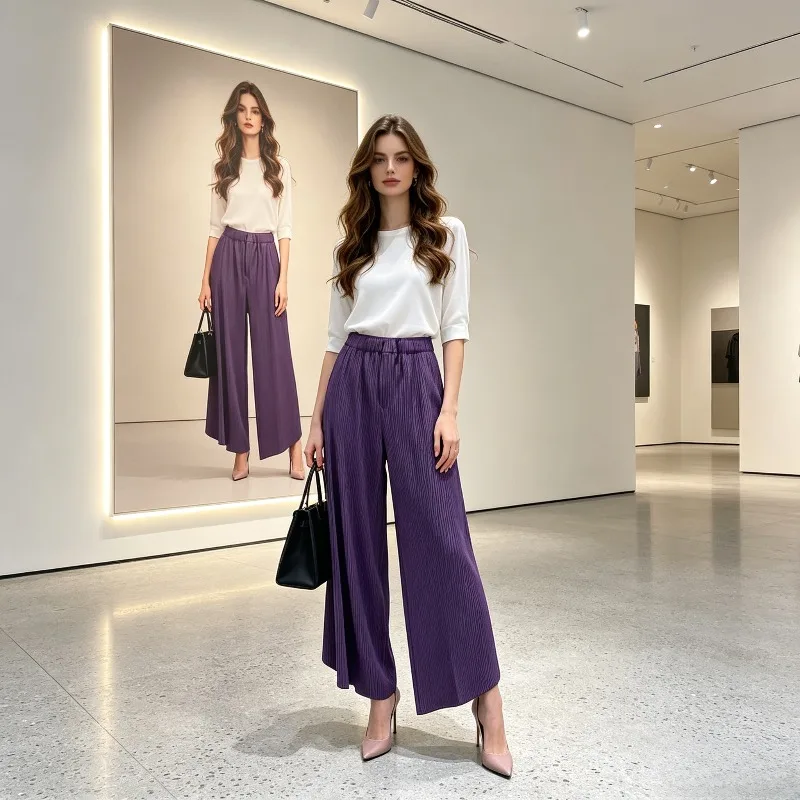 

Miyake Pleated Wide-Leg Pants Spring Summer Textured Pleated Solid Color Casual Pants Versatile Draped Straight Elastic Waist
