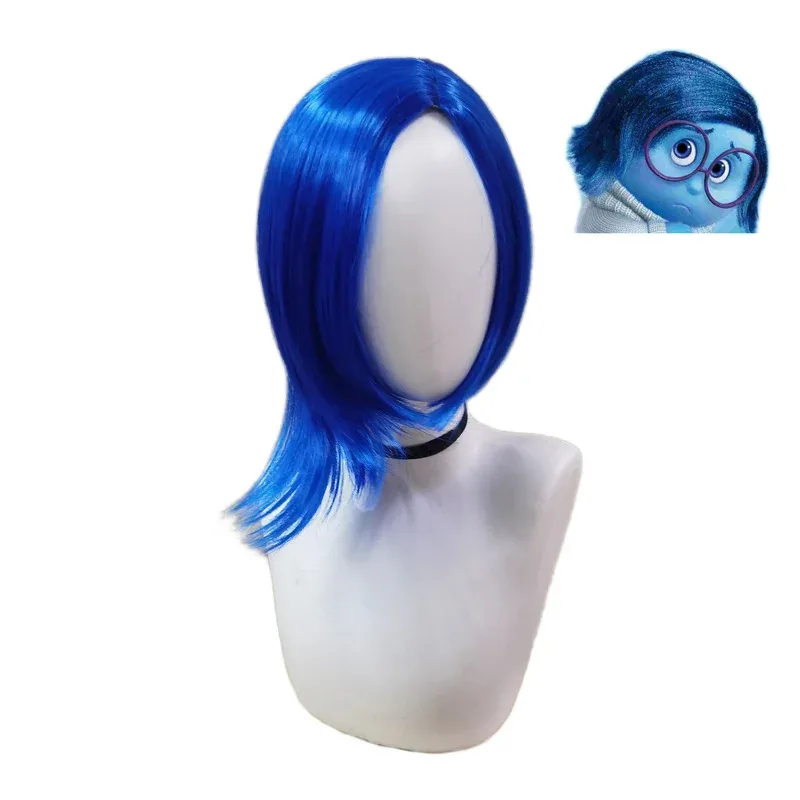 CyInside Out 2 Envy Joy Sadness Disgust Parrucca Corta Blu Ricci Calore Parrucchino Masquerade Cosplay Protezione Parrucca con Clip a Goccia d'Acqua