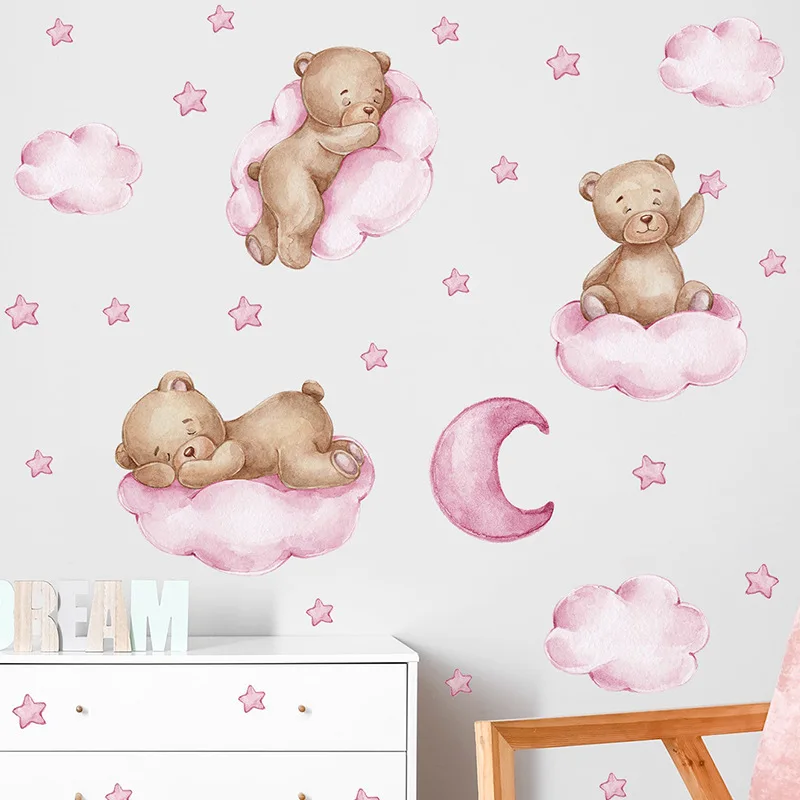 4 Colors Kids Cartoon Bear Goodnight Clouds Moon Wall Decals Stickers Clouds Children's Bedroom Home Decoration Wall Sticker