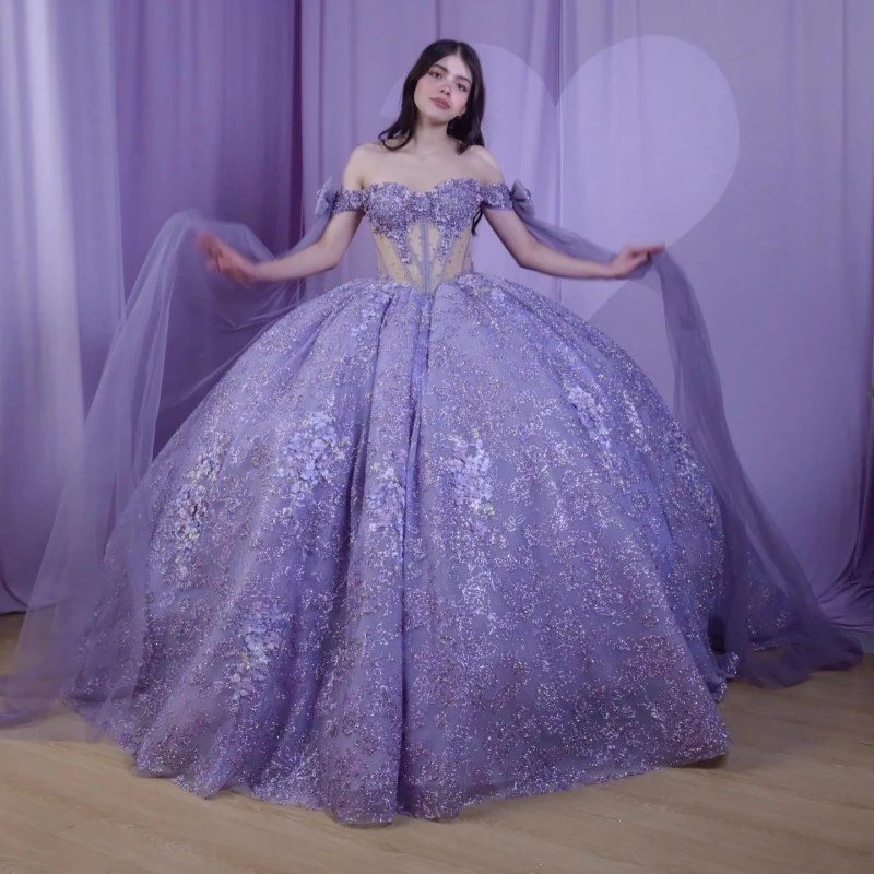 

Lavender Shiny Quinceanera Dresses Off The Shoulder Sequin Applique Flower Beading Crystal Tull With Cape Corset Party Birthday