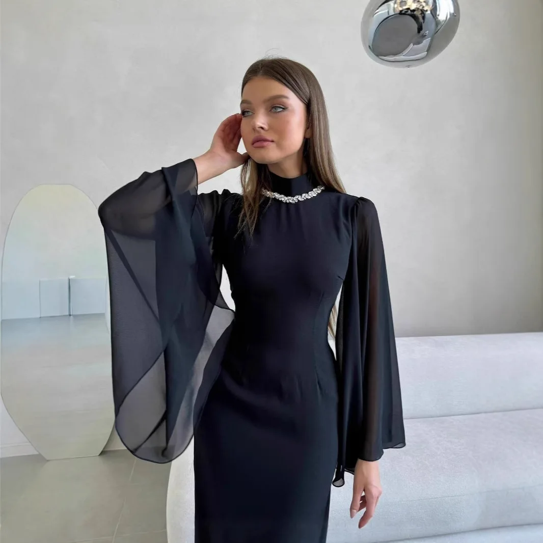 Elegant Slim Fit Solid Prom Dress Autumn Mesh Long Sleeved Flowing Long Dress Women's O Neck High Waist Straight Maxi Dress