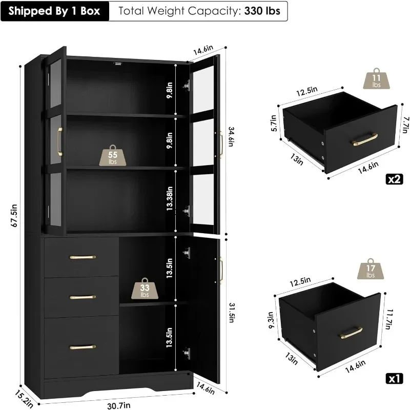 Tall Storage Cabinet with 2 Glass Display Door & Shelves & 3 Drawer, 67