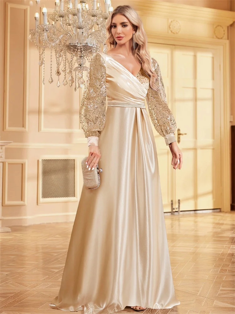 Lucyinlove PLUS ขนาด Luxury Gold V คอ Sequins FormaL ชุดราตรีผู้หญิง Elegant PARTY Maxi แขนยาวค็อกเทล Gowns