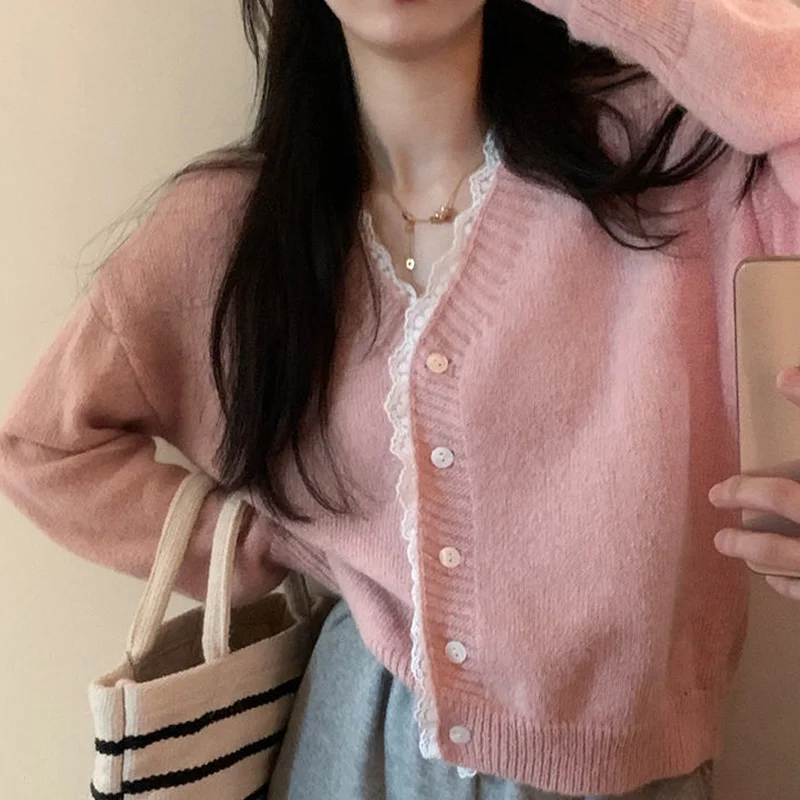 Cardigans Women Crop Sweet College Lace V-neck Aesthetic Kawaii Sweater Autumn Chic Girlish Elegant All-match Stylish Ulzzang